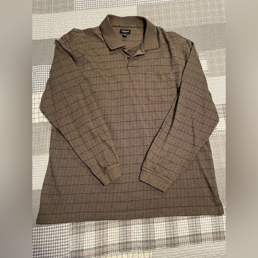 Van Heusen Studio Long Sleeve Polo Shirt Size XL Brown Black Plaid Pattern Soft
